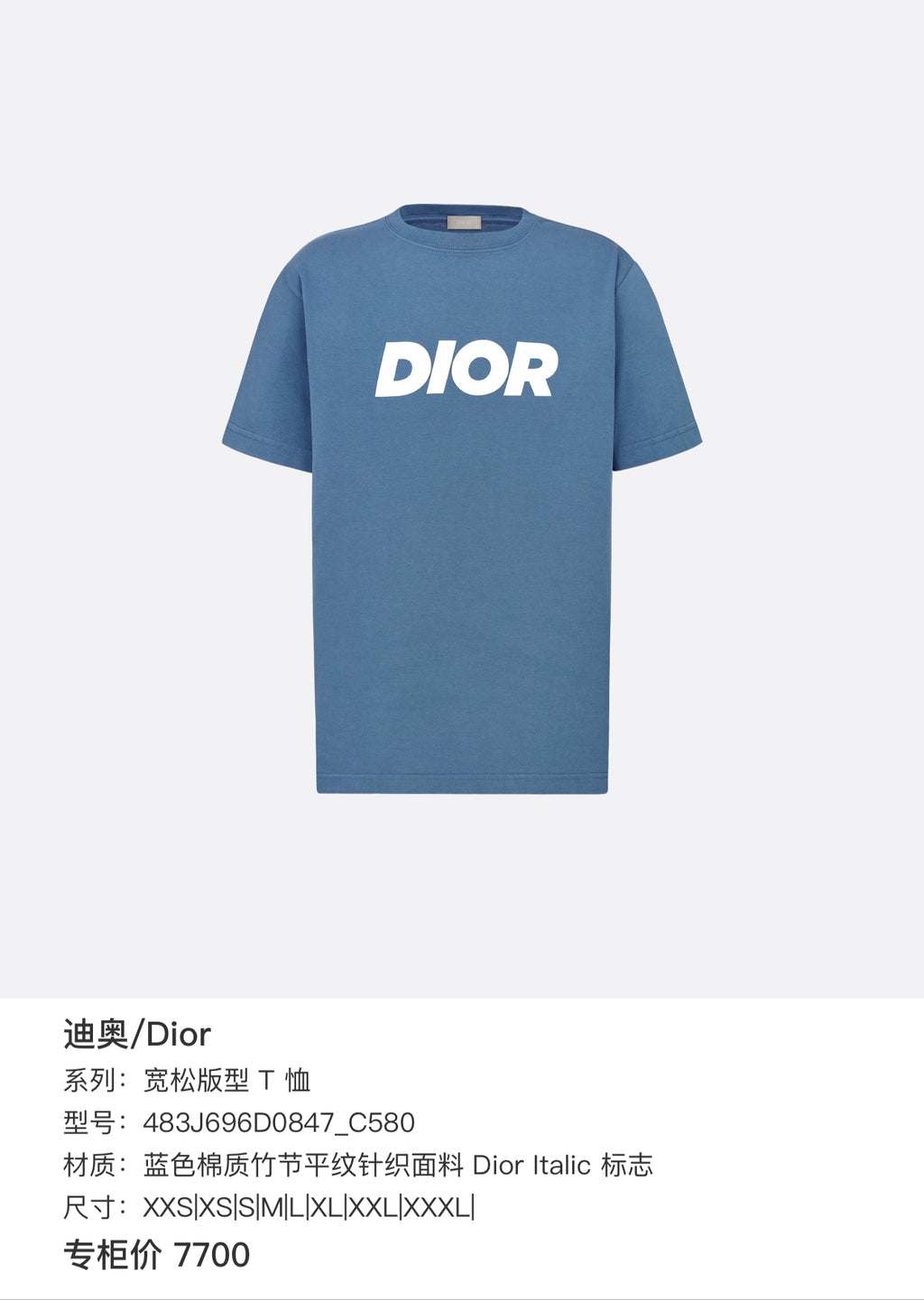 Dior Loose-fit T-shirt Cotton Blue XXS|XS|S|M|L|XL|XXL|XXXL| 483J696D0847_C580