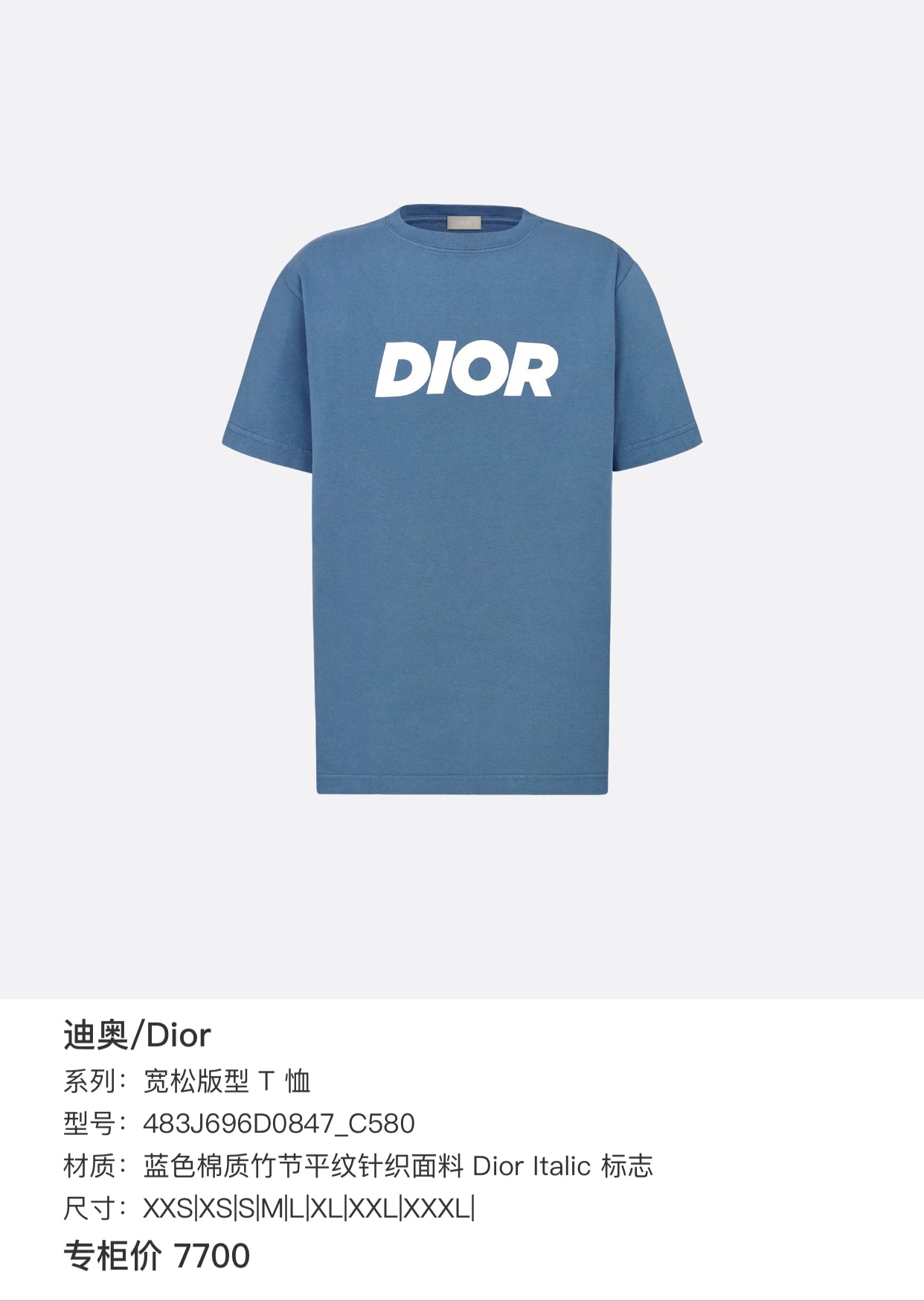 Dior Loose-fit T-shirt Cotton Blue XXS|XS|S|M|L|XL|XXL|XXXL| 483J696D0847_C580