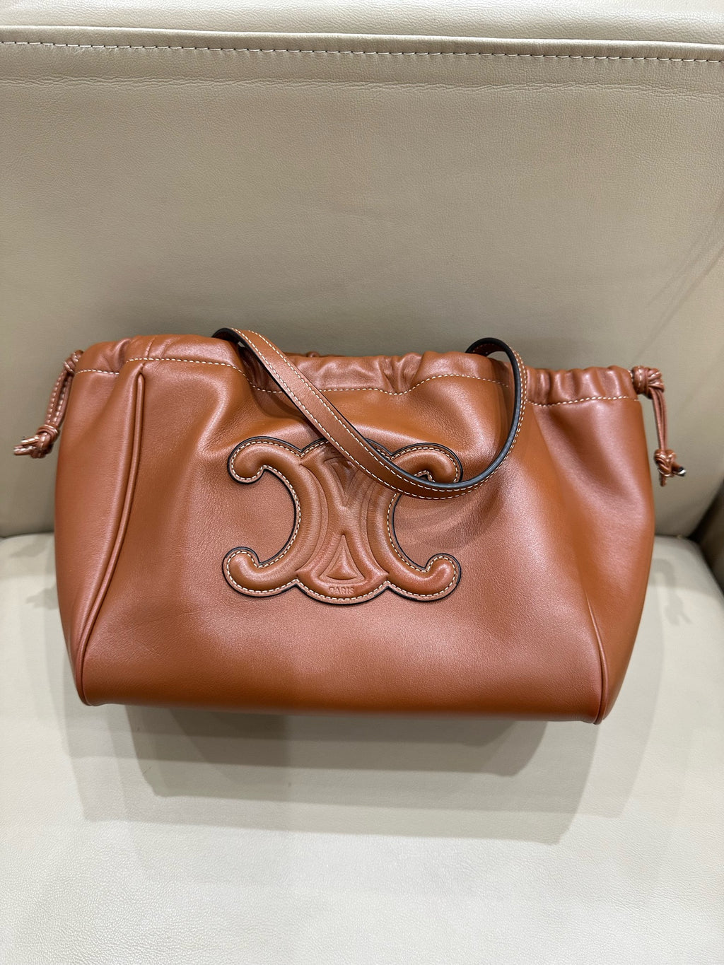 Celine CABAS TRIOMPHE small smooth cowhide drawstring bag Brown 9 x 7 x 5 inches (22.5 x 18 x 13 centimeters) 111013DU3.04LU
