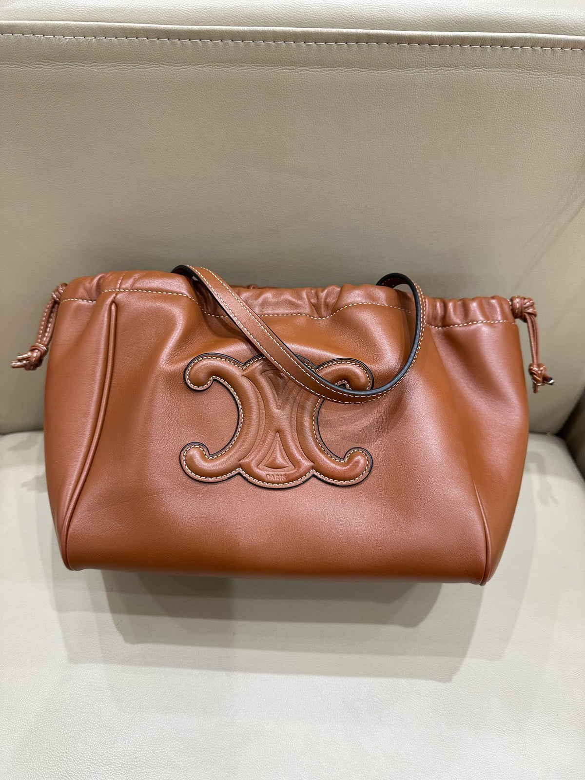 Celine CABAS TRIOMPHE small smooth cowhide drawstring bag Brown 9 x 7 x 5 inches (22.5 x 18 x 13 centimeters) 111013DU3.04LU