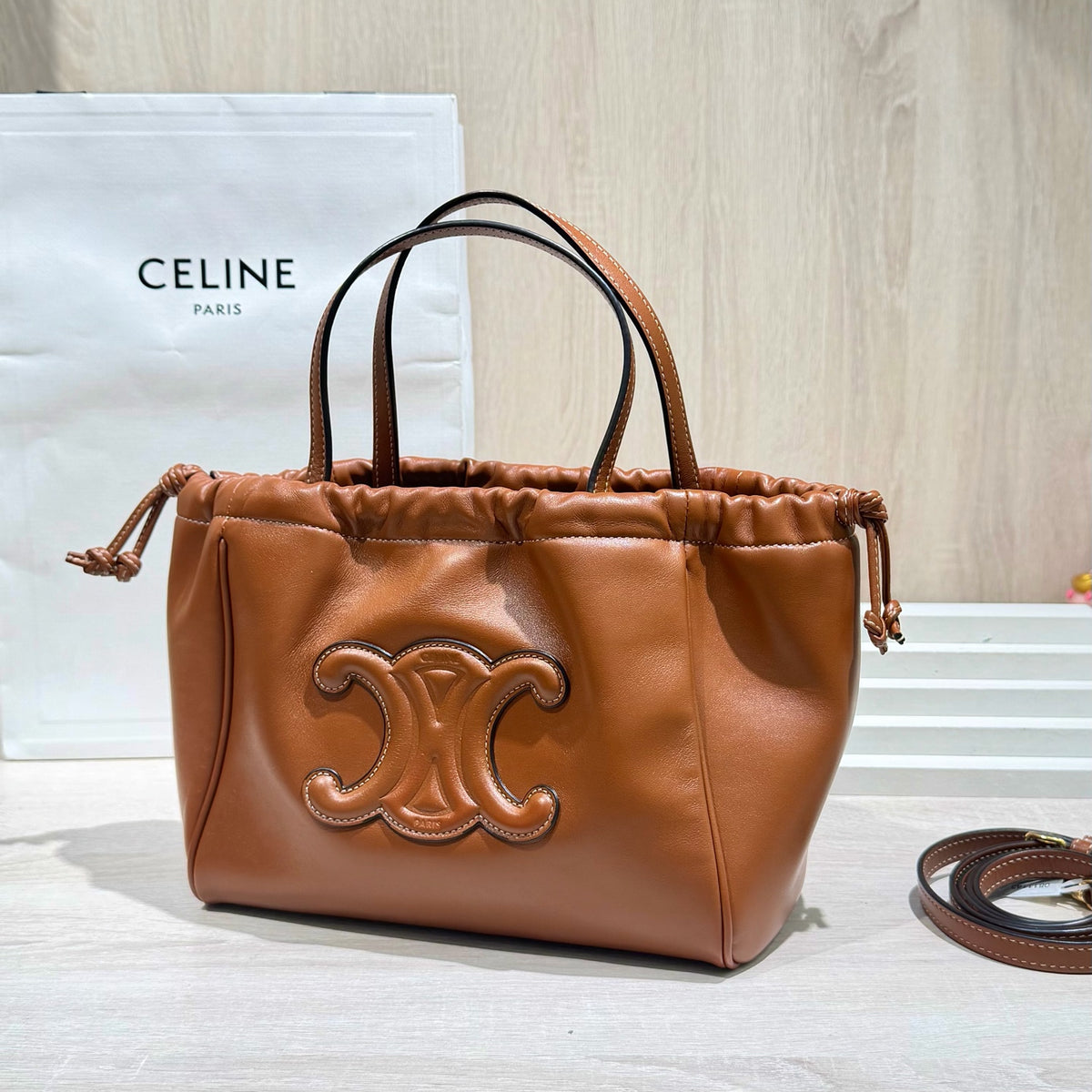 Celine CABAS TRIOMPHE small smooth cowhide drawstring bag Brown 9 x 7 x 5 inches (22.5 x 18 x 13 centimeters) 111013DU3.04LU