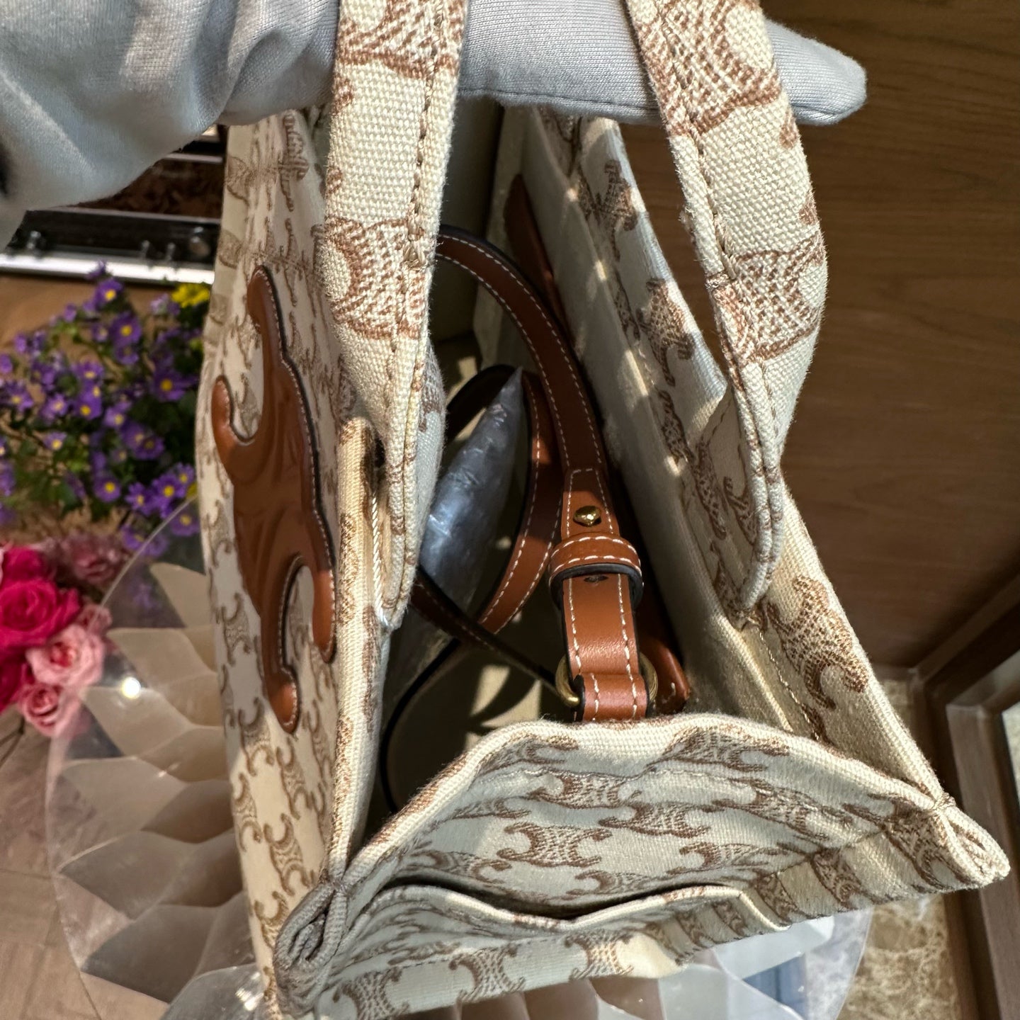 Celine CABAS THAIS small-sized handbag in signature-printed fabric and calfskin leather Leather CONF.199162FRF.01BC