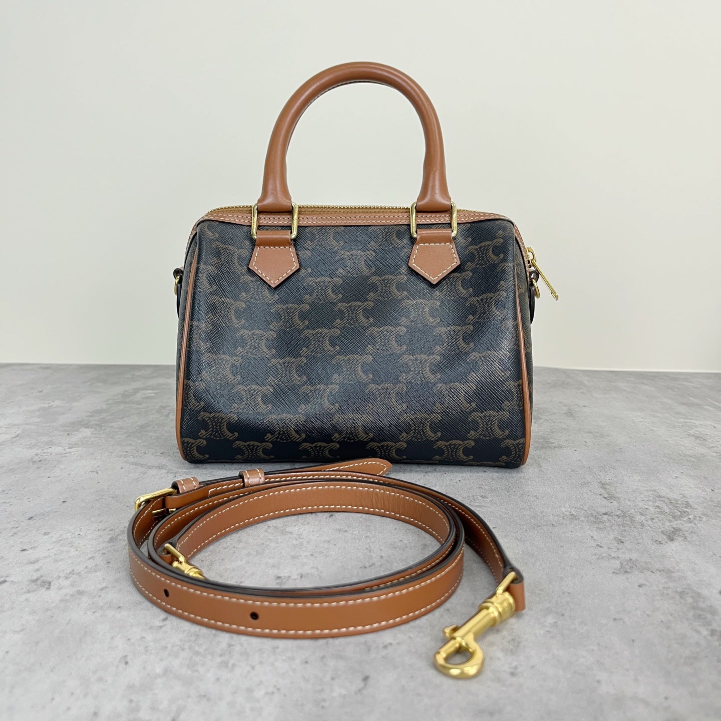 Celine Small logo-printed cowhide Boston bag Brown 113772CAS.04LU