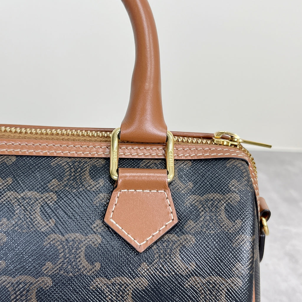 Celine Small logo-printed cowhide Boston bag Brown 113772CAS.04LU