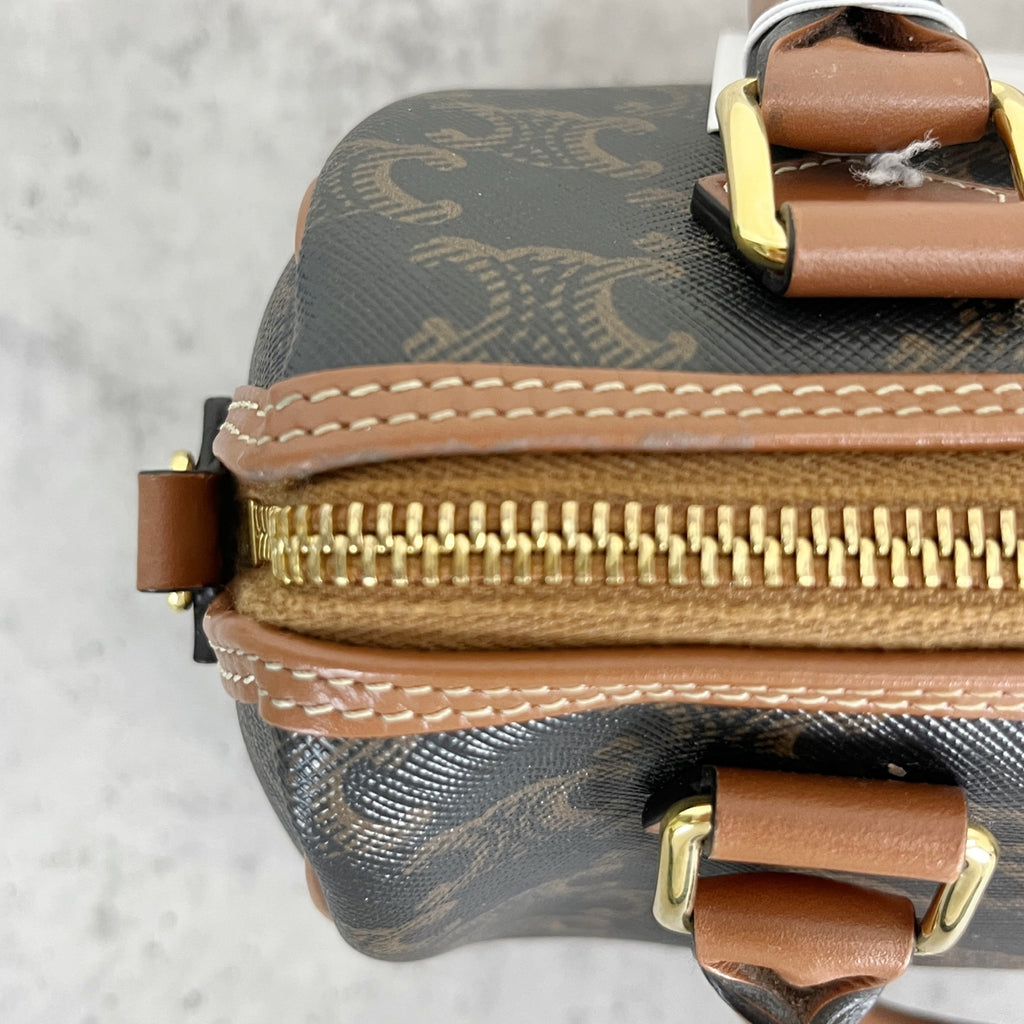 Celine Small logo-printed cowhide Boston bag Brown 113772CAS.04LU