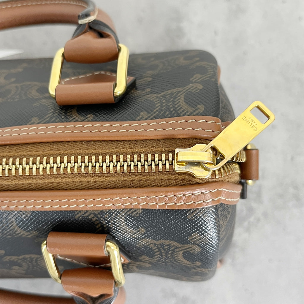 Celine Small logo-printed cowhide Boston bag Brown 113772CAS.04LU