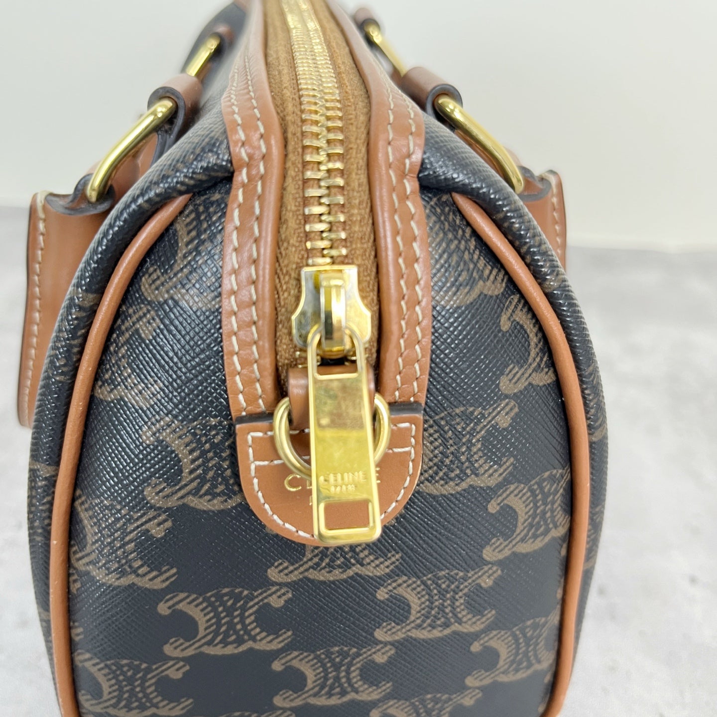 Celine Small logo-printed cowhide Boston bag Brown 113772CAS.04LU
