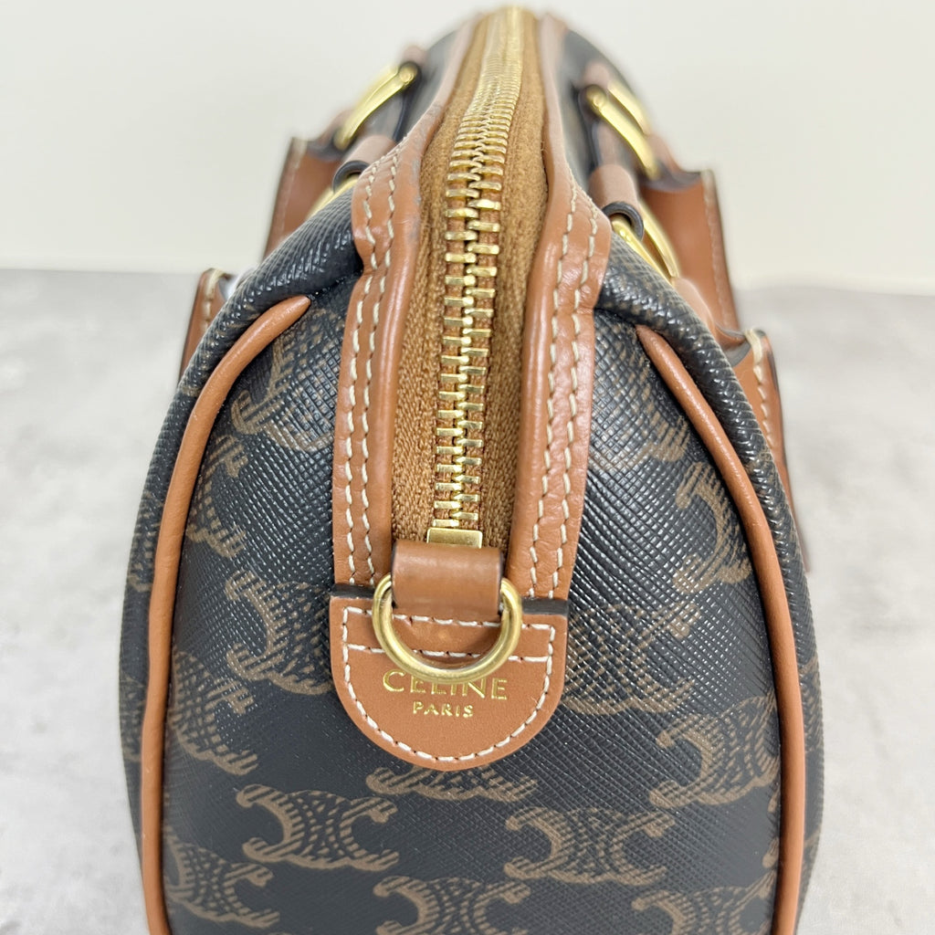Celine Small logo-printed cowhide Boston bag Brown 113772CAS.04LU