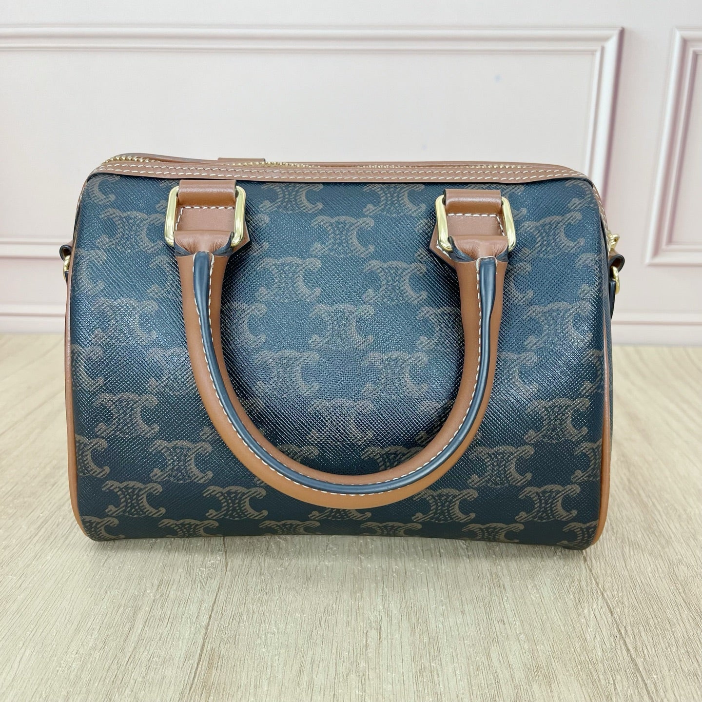 Celine Small logo-printed cowhide Boston bag Brown 113772CAS.04LU