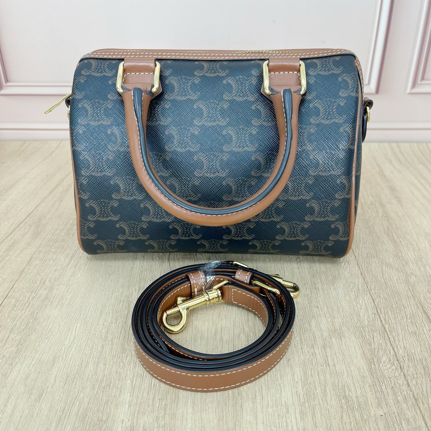 Celine Small logo-printed cowhide Boston bag Brown 113772CAS.04LU