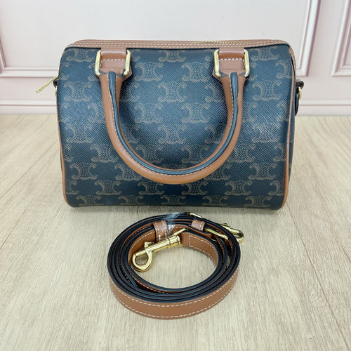 Celine Small logo-printed cowhide Boston bag Brown 113772CAS.04LU