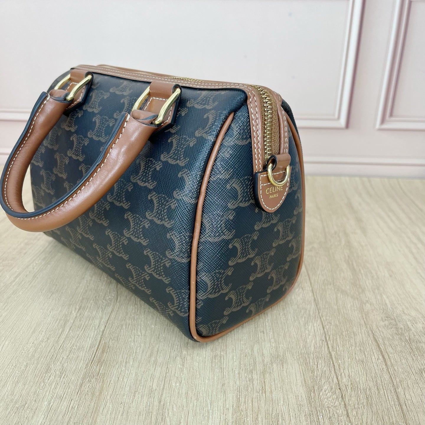 Celine Small logo-printed cowhide Boston bag Brown 113772CAS.04LU