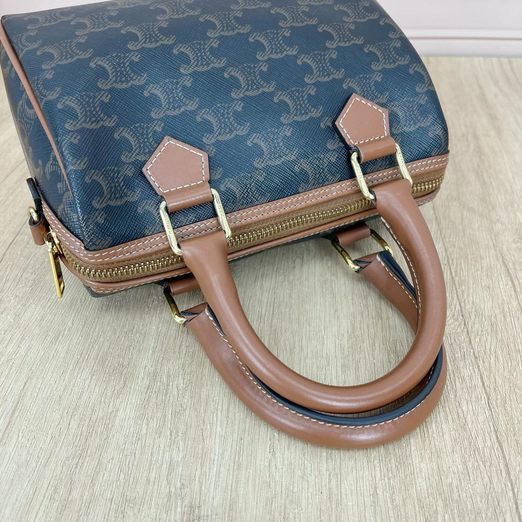 Celine Small logo-printed cowhide Boston bag Brown 113772CAS.04LU