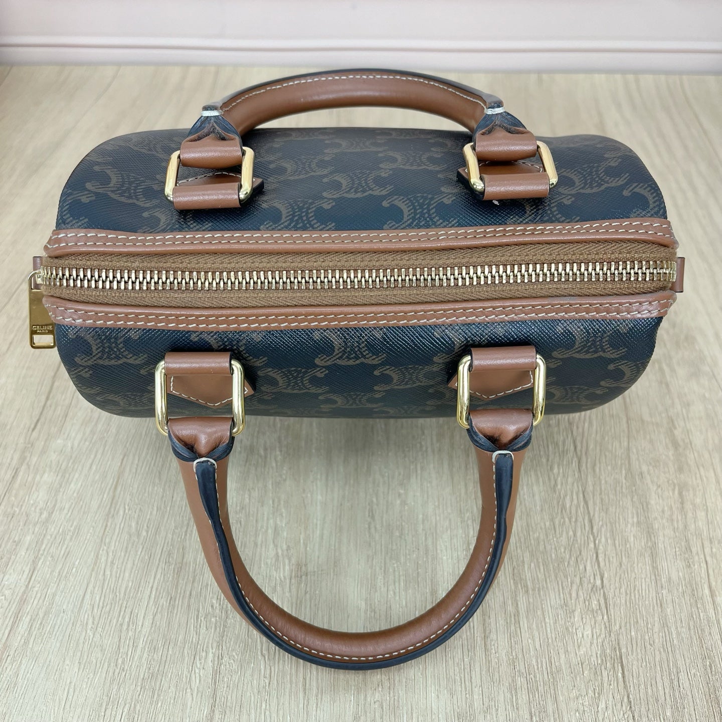 Celine Small logo-printed cowhide Boston bag Brown 113772CAS.04LU