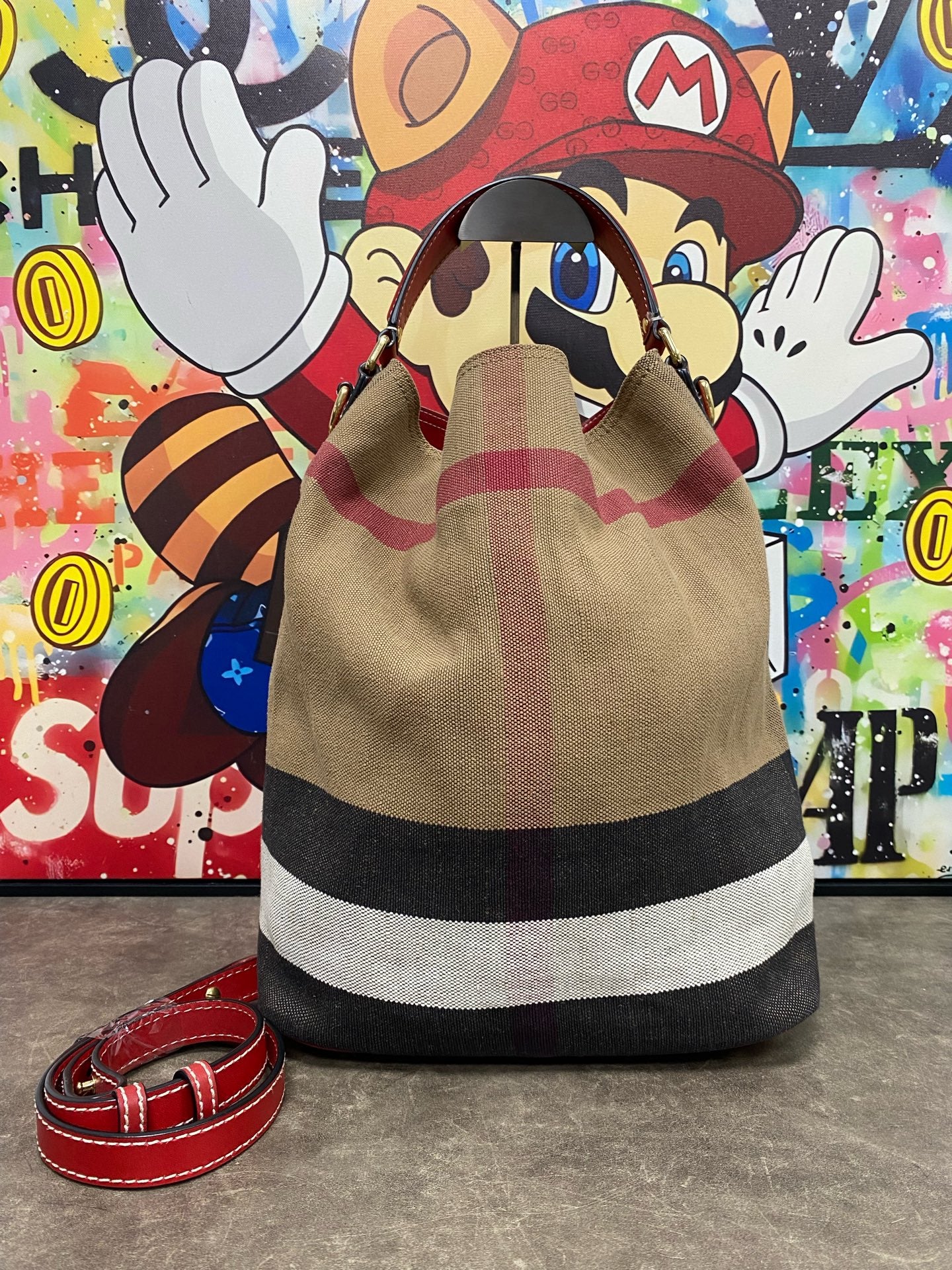 Burberry Canvas Red Bucket & Drawstring Bag