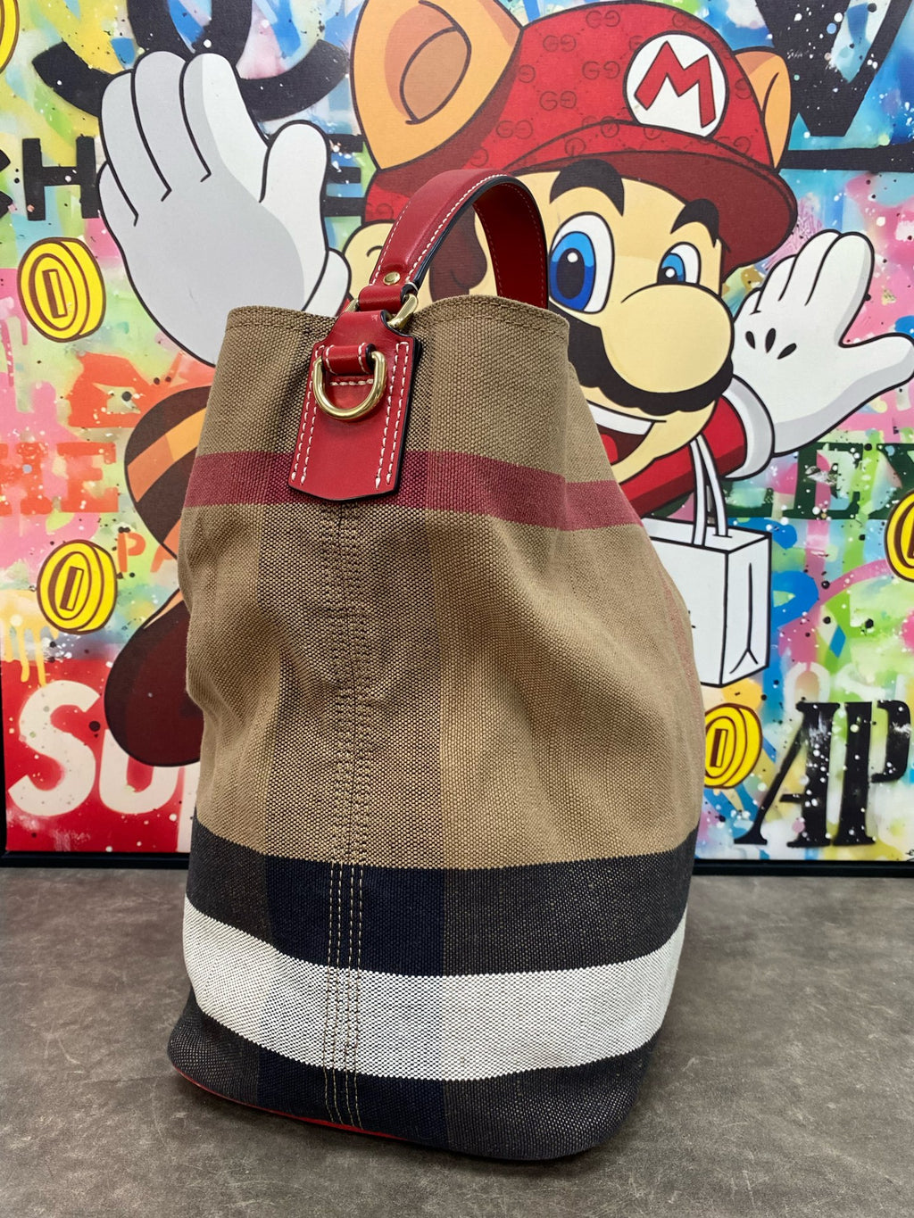 Burberry Canvas Red Bucket & Drawstring Bag