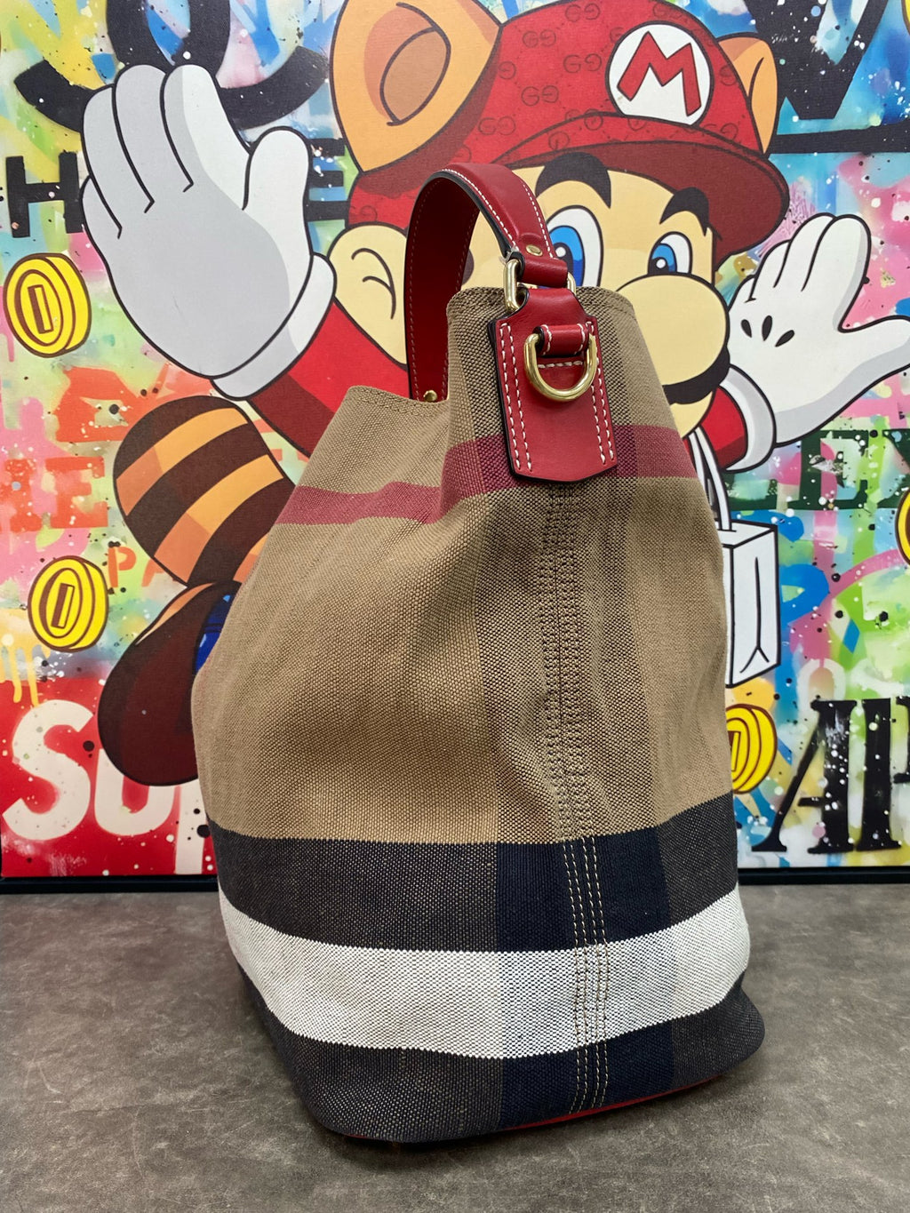 Burberry Canvas Red Bucket & Drawstring Bag