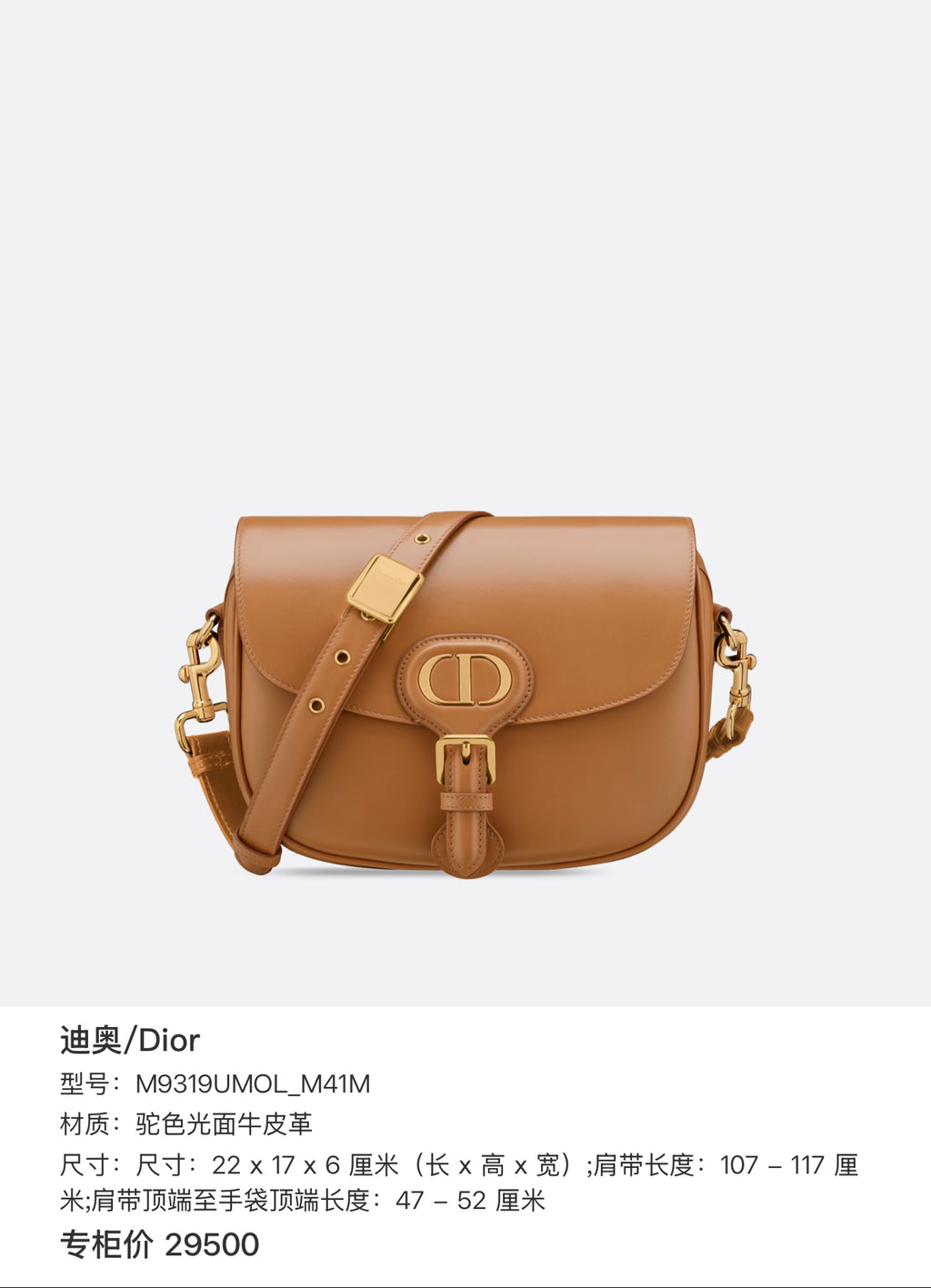 Dior Leather Shoulder Bag Dimensions: 22 x 17 x 6 cm (length x height x width); shoulder strap length: 107–117 cm; distance from the top of the shoulder strap to the top of the bag: 47–52 cm. M9319UMOL_M41M