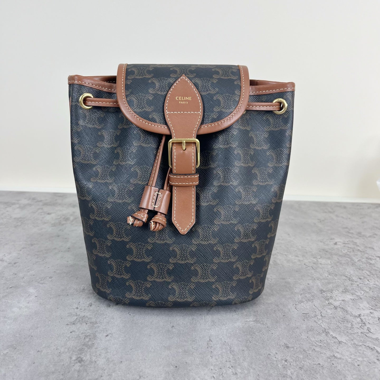 Celine FOLCO logo-print calf leather mini backpack Brown Backpack 197662CAS.04LU