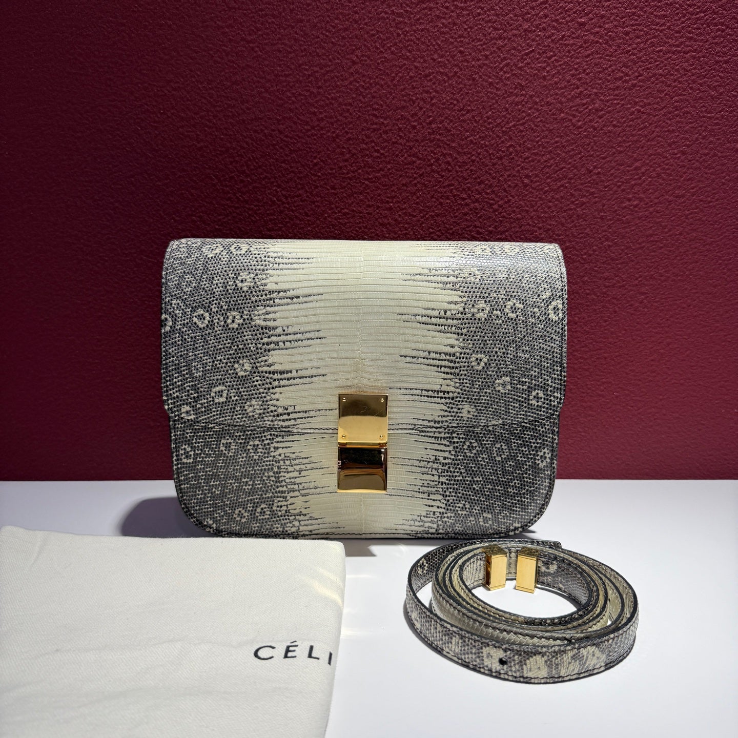 Celine Classic Medium-Sized Lizard-Grain Leather Handbag Shoulder Bag 189174TLC.02VG