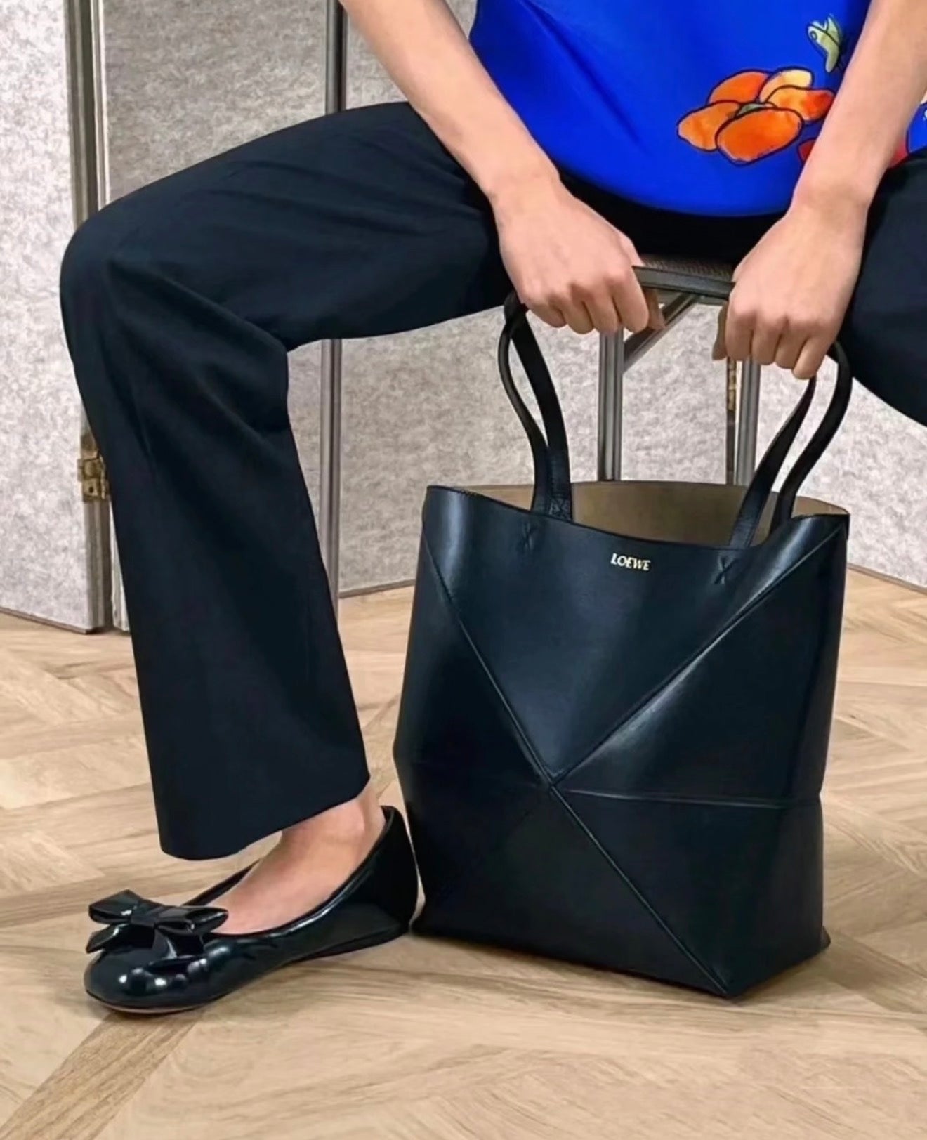 Loewe Medium-sized Glossy Cowhide Puzzle Fold Handbag Blue Tote A657G50X01-4467