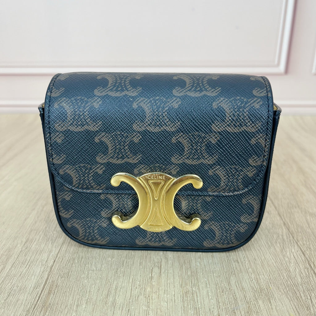Celine TRIOMPHE mini logo-print calfskin handbag Gold 10I512DQB.04LU
