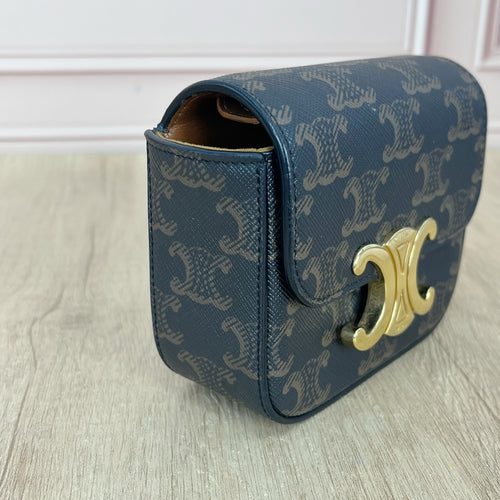 Celine TRIOMPHE mini logo-print calfskin handbag Gold 10I512DQB.04LU