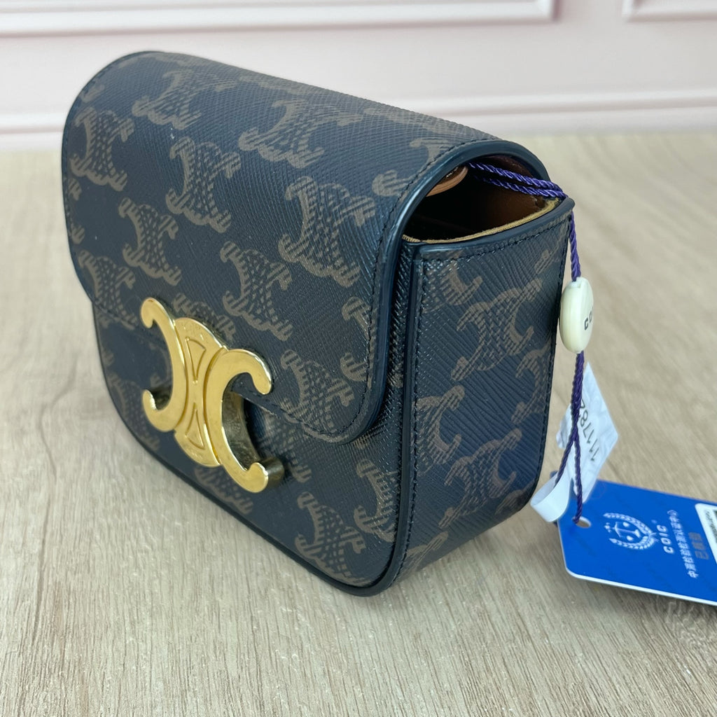 Celine TRIOMPHE mini logo-print calfskin handbag Gold 10I512DQB.04LU