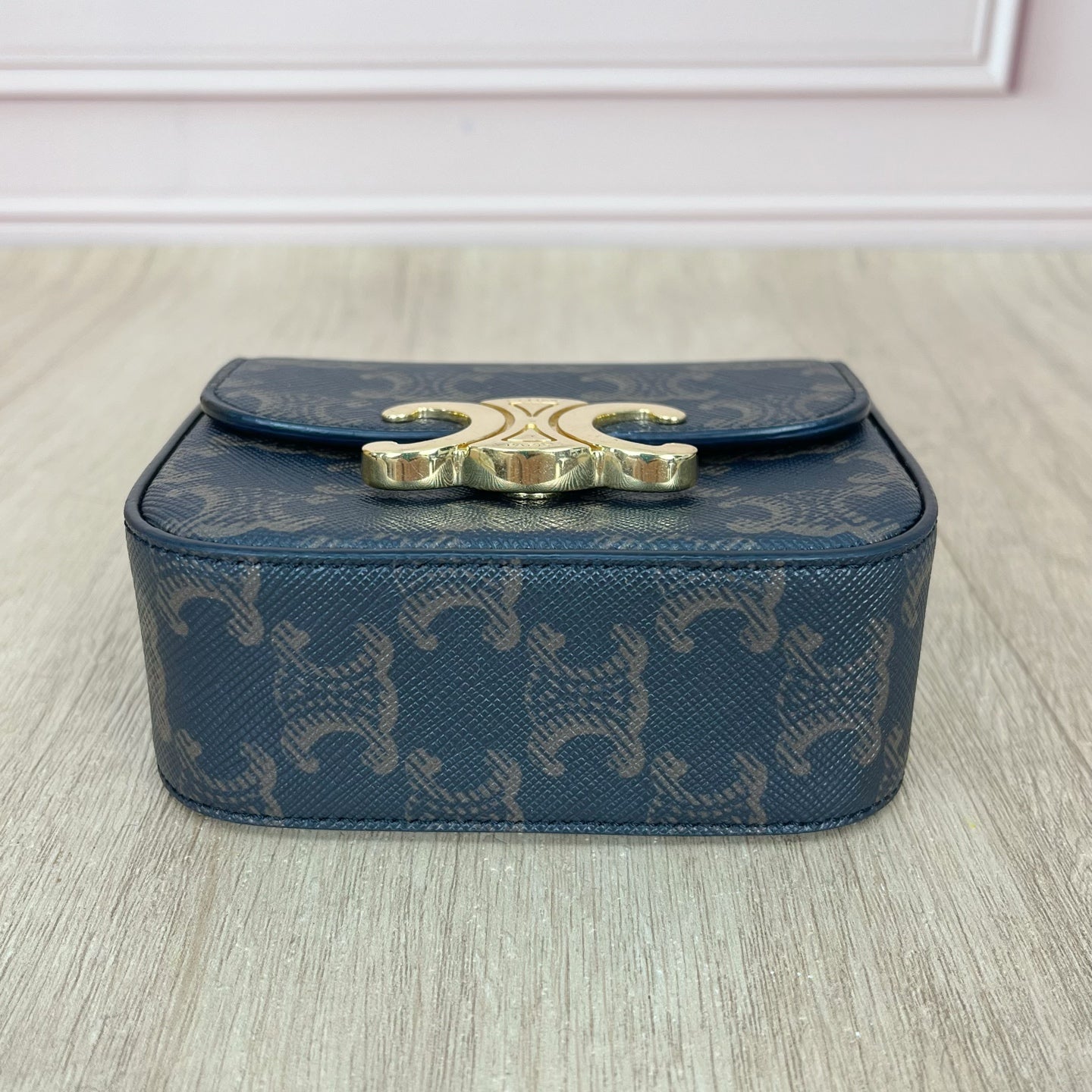 Celine TRIOMPHE mini logo-print calfskin handbag Gold 10I512DQB.04LU