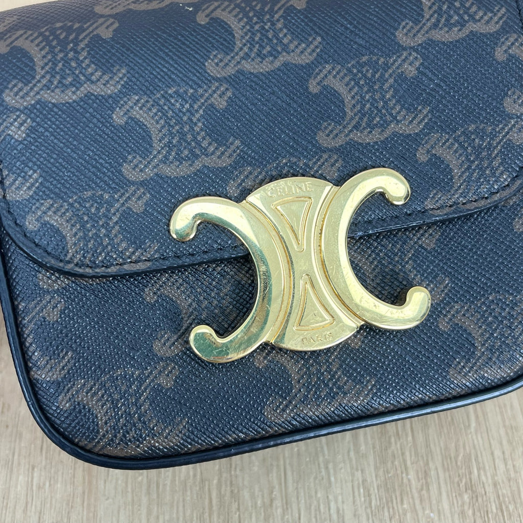Celine TRIOMPHE mini logo-print calfskin handbag Gold 10I512DQB.04LU