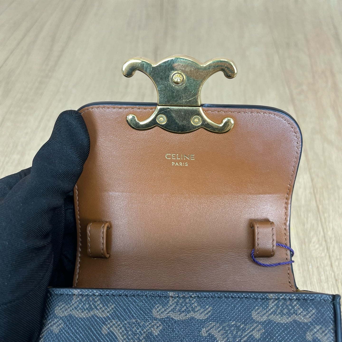 Celine TRIOMPHE mini logo-print calfskin handbag Gold 10I512DQB.04LU