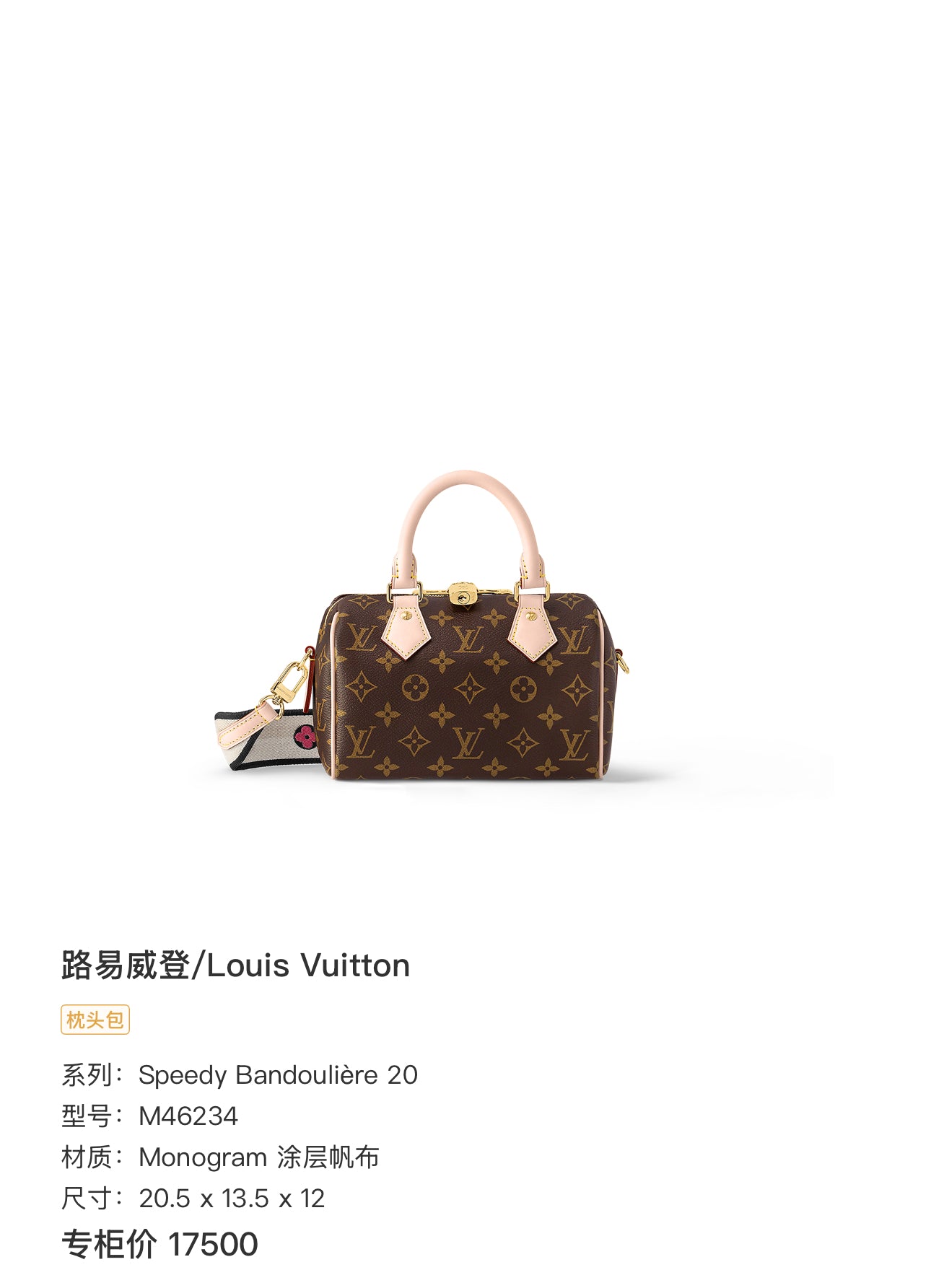 Louis Vuitton Speedy Bandoulière 20 Canvas Duffle 20.5 x 13.5 x 12 M46234