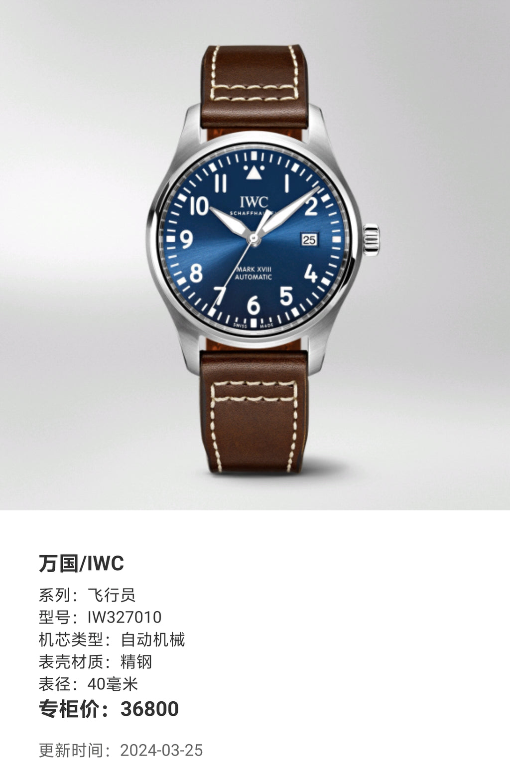 IWC Pilot Automatic (self-winding) watch 40 millimeters IW327010
