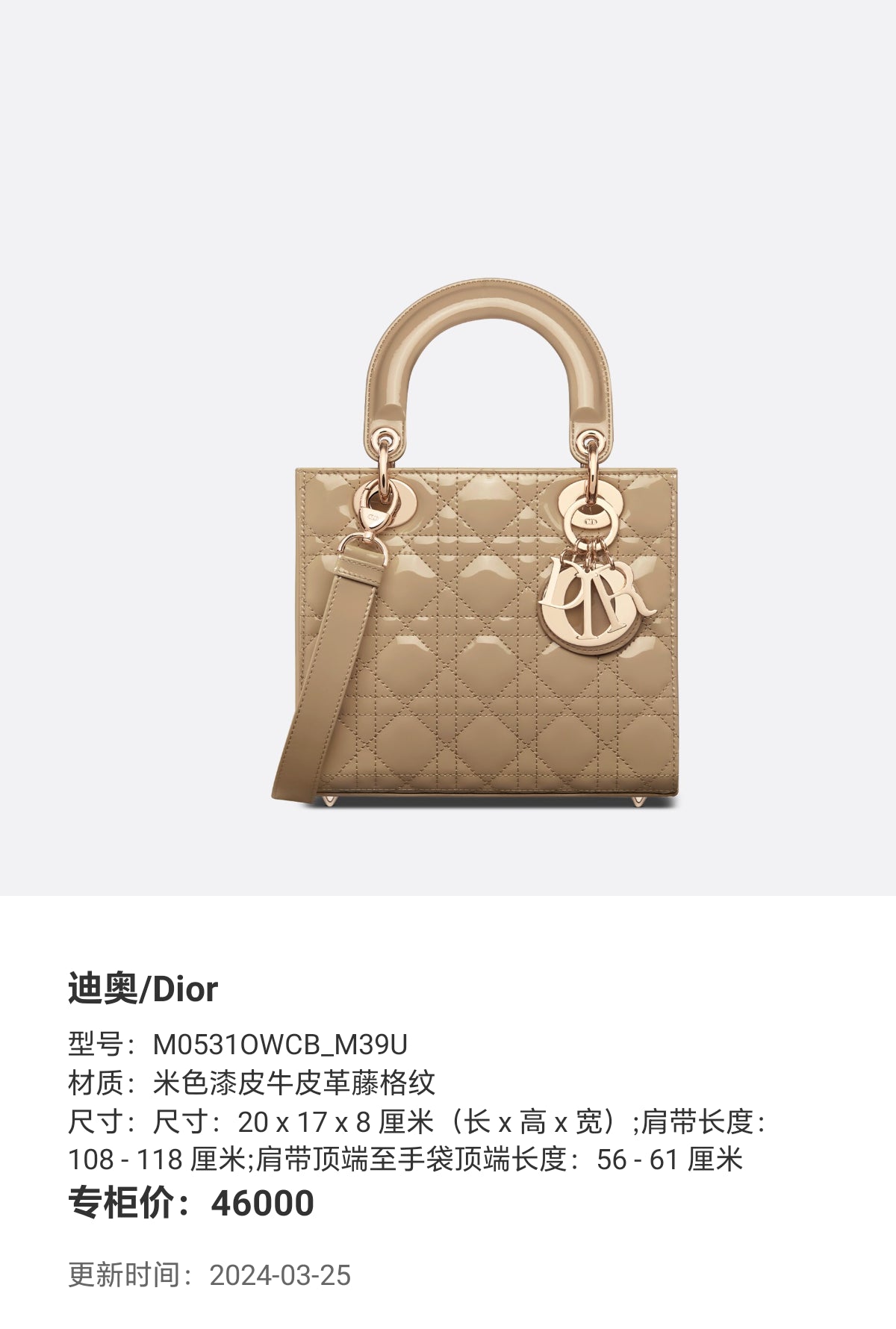 Dior Leather Beige Dimensions: 20 x 17 x 8 cm (length x height x width); shoulder strap length: 108–118 cm; distance from the top of the shoulder strap to the top of the bag: 56–61 cm. M0531OWCB_M39U