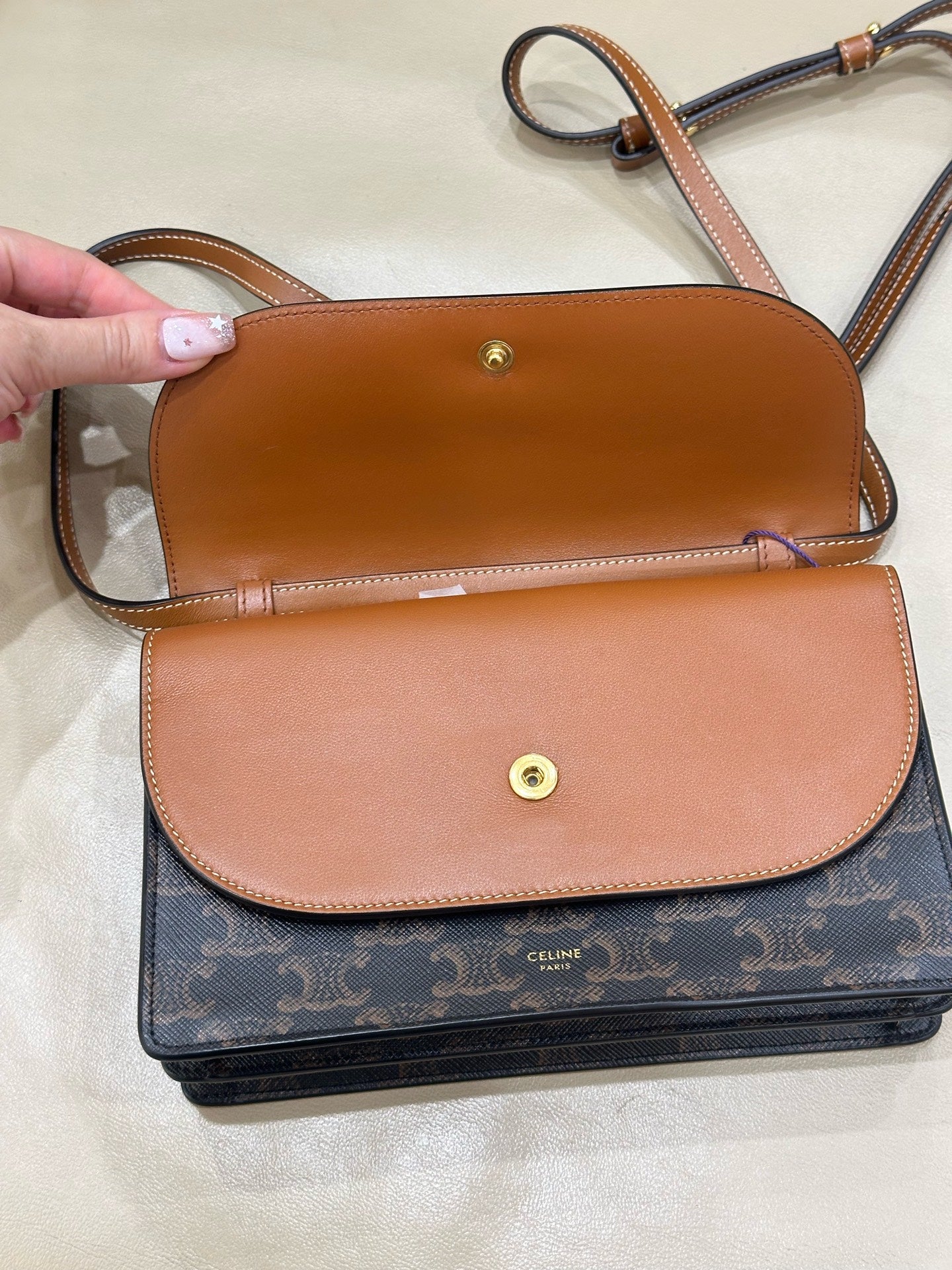 Celine TRIOMPHE canvas wallet with signature print and sheepskin trim 8 x 5 x 2 inches (20 x 12 x 6 centimeters) 10D852CG9.04LU