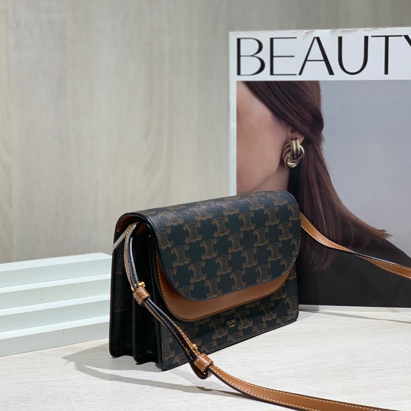 Celine TRIOMPHE canvas wallet with signature print and sheepskin trim 8 x 5 x 2 inches (20 x 12 x 6 centimeters) 10D852CG9.04LU